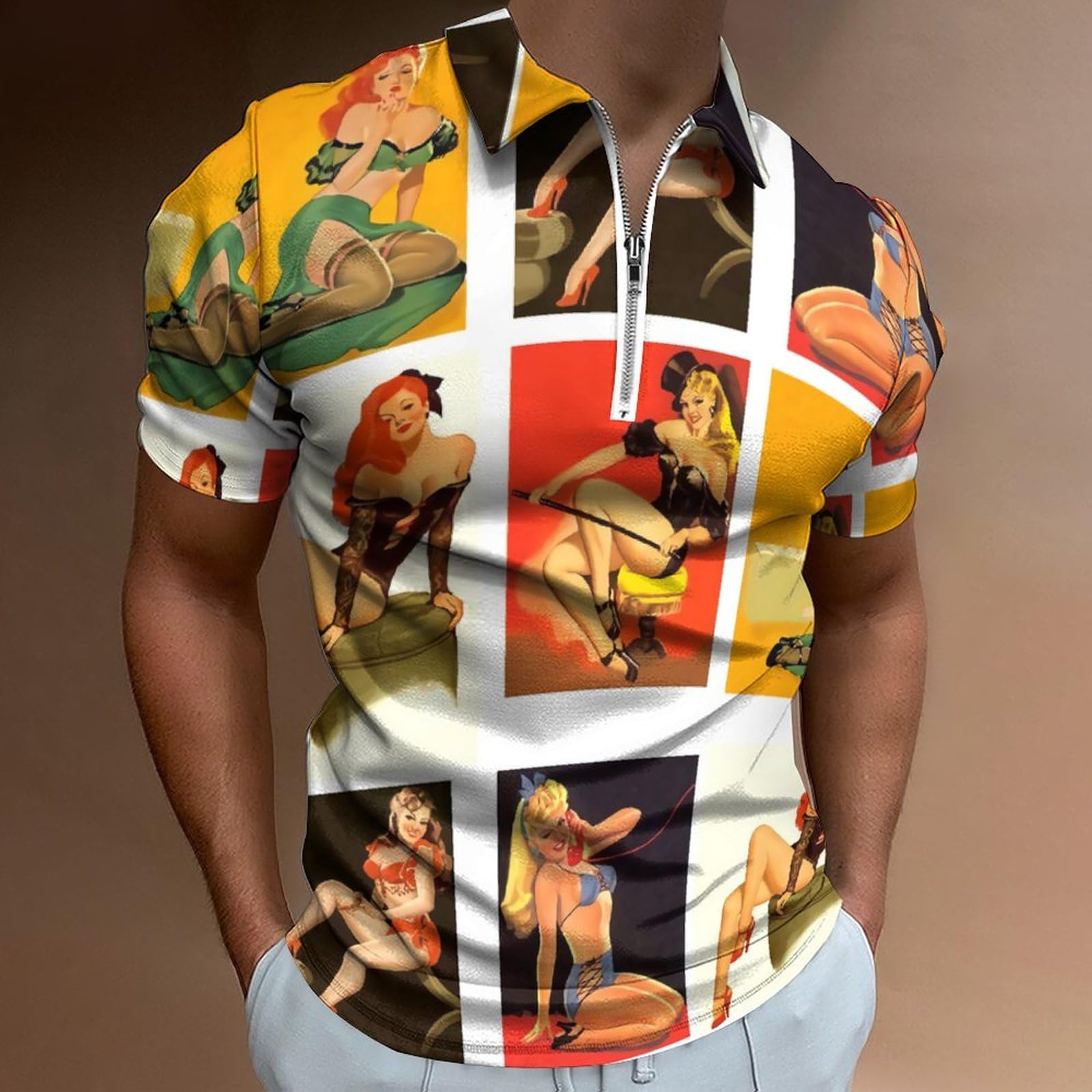 Pinup Girls Men's Polo Shirts Slim Fit Short Sleeve Zippered Shirts Casual T Shirt Tee Top XL