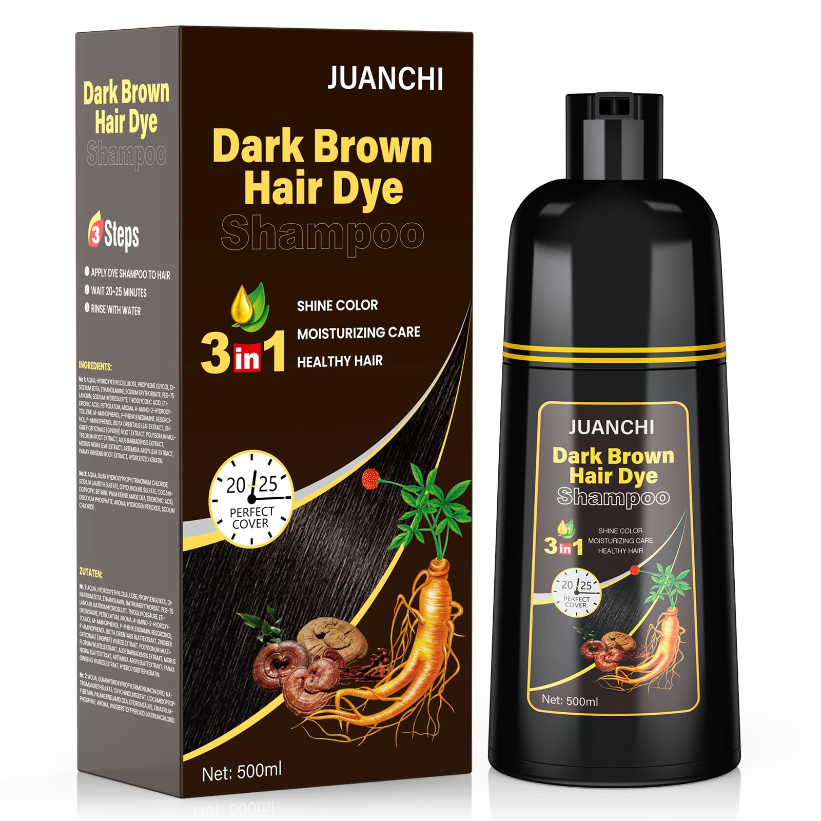 JUANCHI Dark Brown Hair Dye Shampoo for Women Men,Hair Dye Shampoo for Gray Hair(16.9oz,500ml)