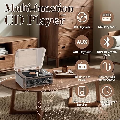 Miniatura 2 de Gueray Reproductor de CD con altavoces, sonido estéreo de alta fidelidad para el hogar, reproductor de música de CD de madera retro Bluetooth, radio