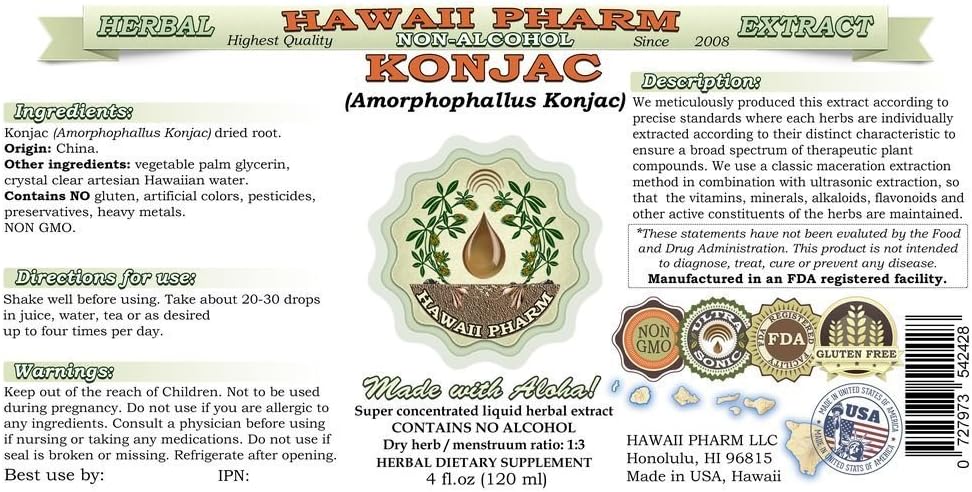 Konjac Alcohol-Free Liquid Extract, Konjac (Amorphophallus Konjac) Dried Root Glycerite Hawaii Pharm Natural Herbal Supplement 2x4 oz
