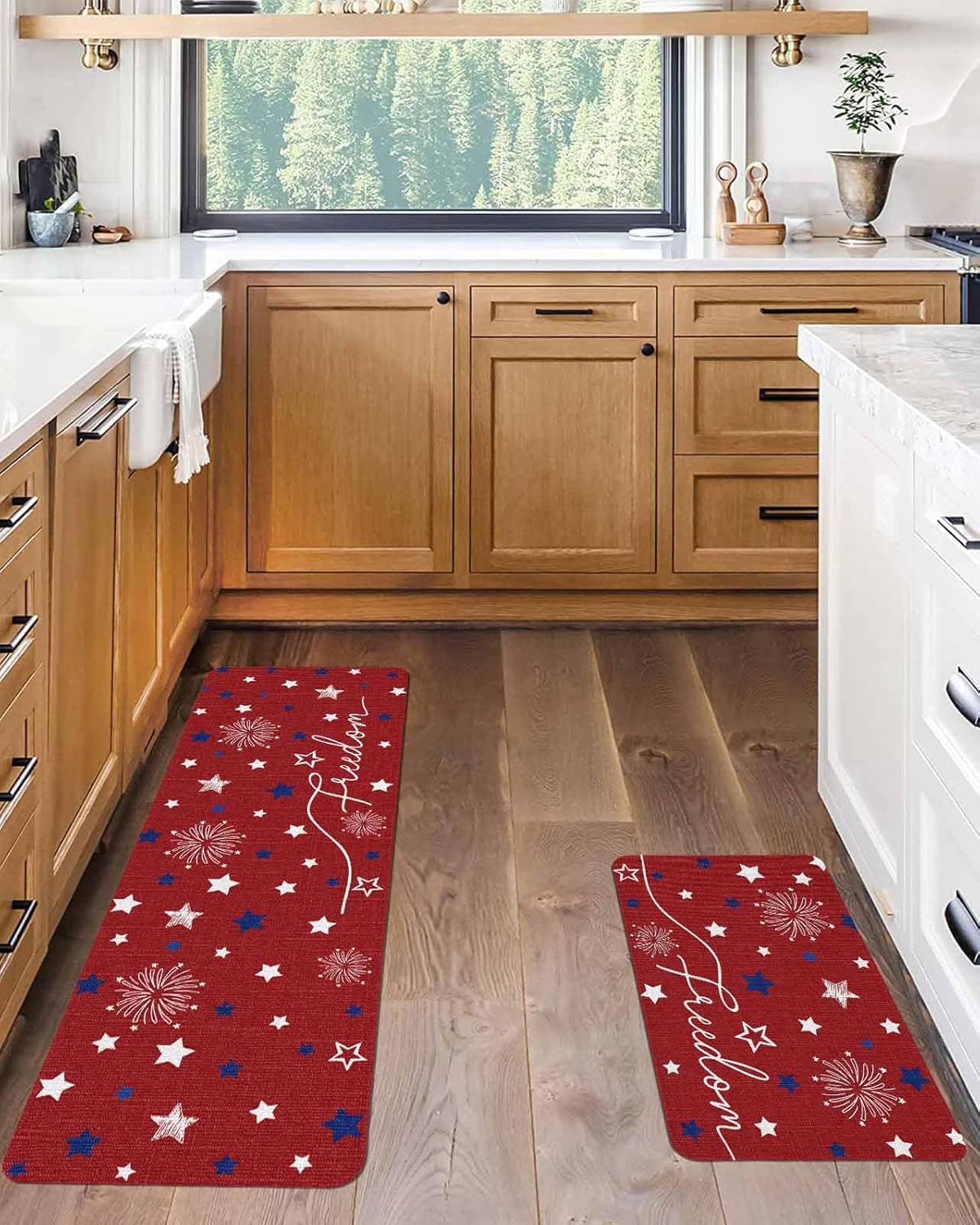 Patriotic 4th of July Kitchen Mat for Floor Red White Blue Stars Freedom Kitchen Runner Rug Set of 2,Non Slip, Memorial Day Summer Anti Fatigue Comfort Standing Mat Kitchen,Sink,Laundry Room,Hallway