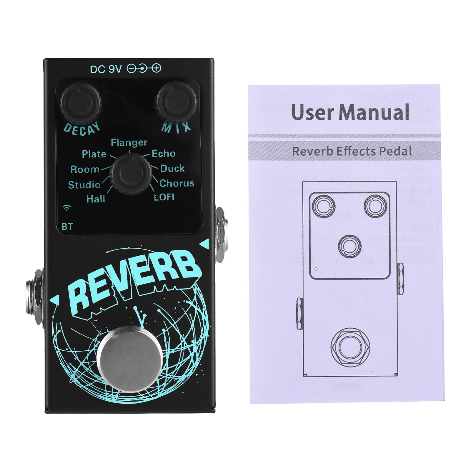 Reverb Effekte Pedal, 9 Arten Reverb, E-Gitarre Hall/Studio/Room/Plate/Echo/Flanger/Duck/Chorus/LOFI, DECAY/MIX, Tragbar, BT 5.4, USB, Metall