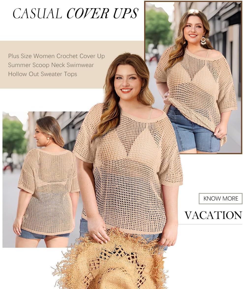 RITERA Plus Size Women Crochet Cover Up Summer Scoop Neck Swimwear Hollow Out Sweater Tops Vacation Beach Shirts XL-5XL - Image 5