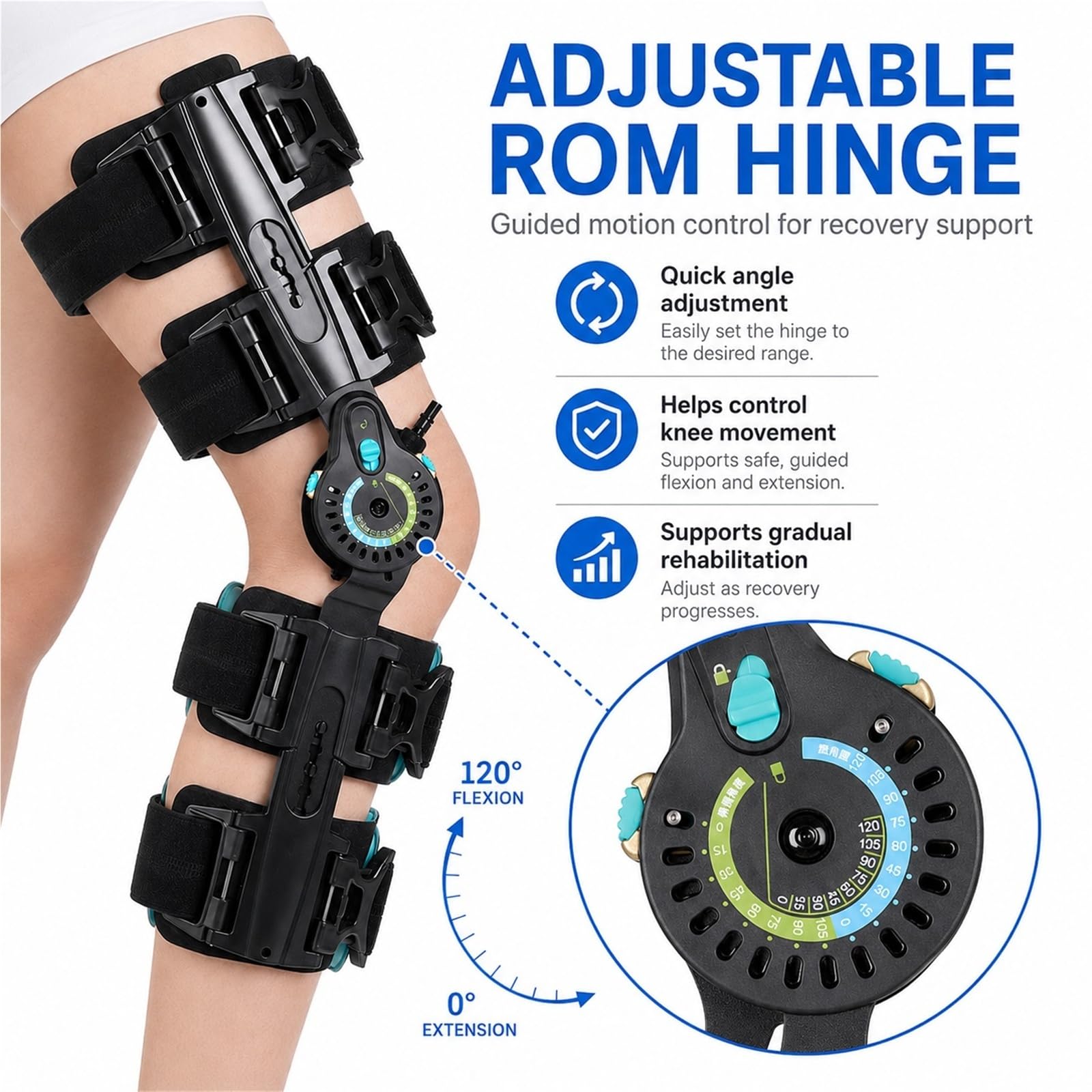 Rodillera Articulada ROM con Estabilizadores Laterales Soporte de Rodilla Ajustable Postoperatorio para Lesiones de Menisco ACL MCL PCL Ortopedia Médica para Hombre y Mujer