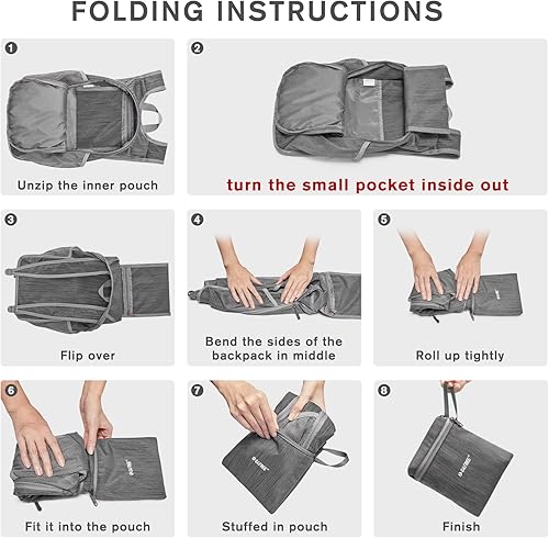 Miniatura 5 de G4Free Mochila de senderismo de 10L Mochila de viaje pequeña Mochila plegable ligera Mochila de hombro plegable casual, Gris oscuro