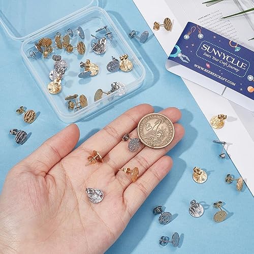 Miniatura 3 de SUNNYCLUE 1 caja, 80 unidades, 20 pares de aretes redondos planos de acero inoxidable con bucle, aretes plateados y dorados, aretes en blanco para