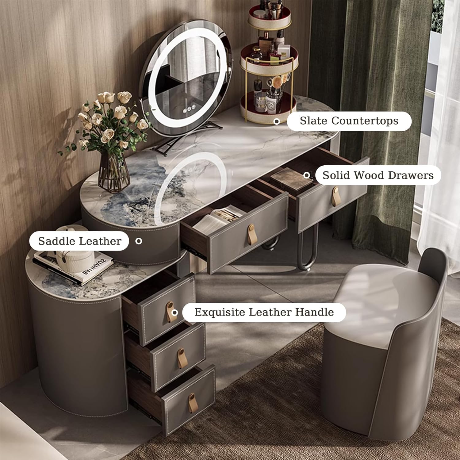slim fit dress slacks Faux Leather Chic Makeup Table and Vanity Stool Set Premium Faux Leath