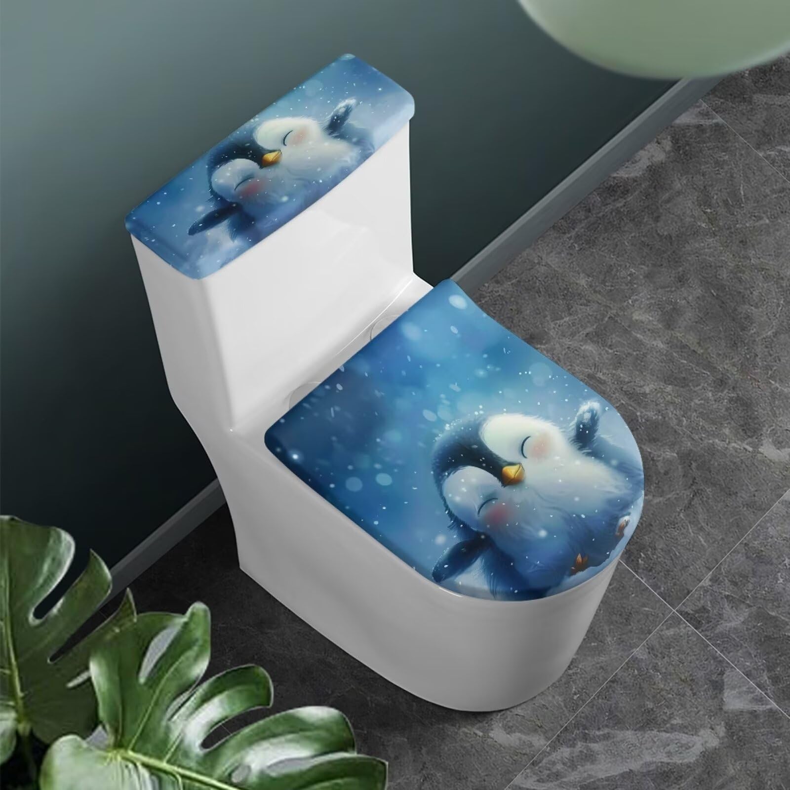 Bivxisrvo Cute Penguins Print Toilet Lid Covers Polyester Fabric Bathroom Covers Elastic Bottom Soft and Breathable Seat Covers Toilet Seat Cover Set Universal for Most Toilet Bowl Lids