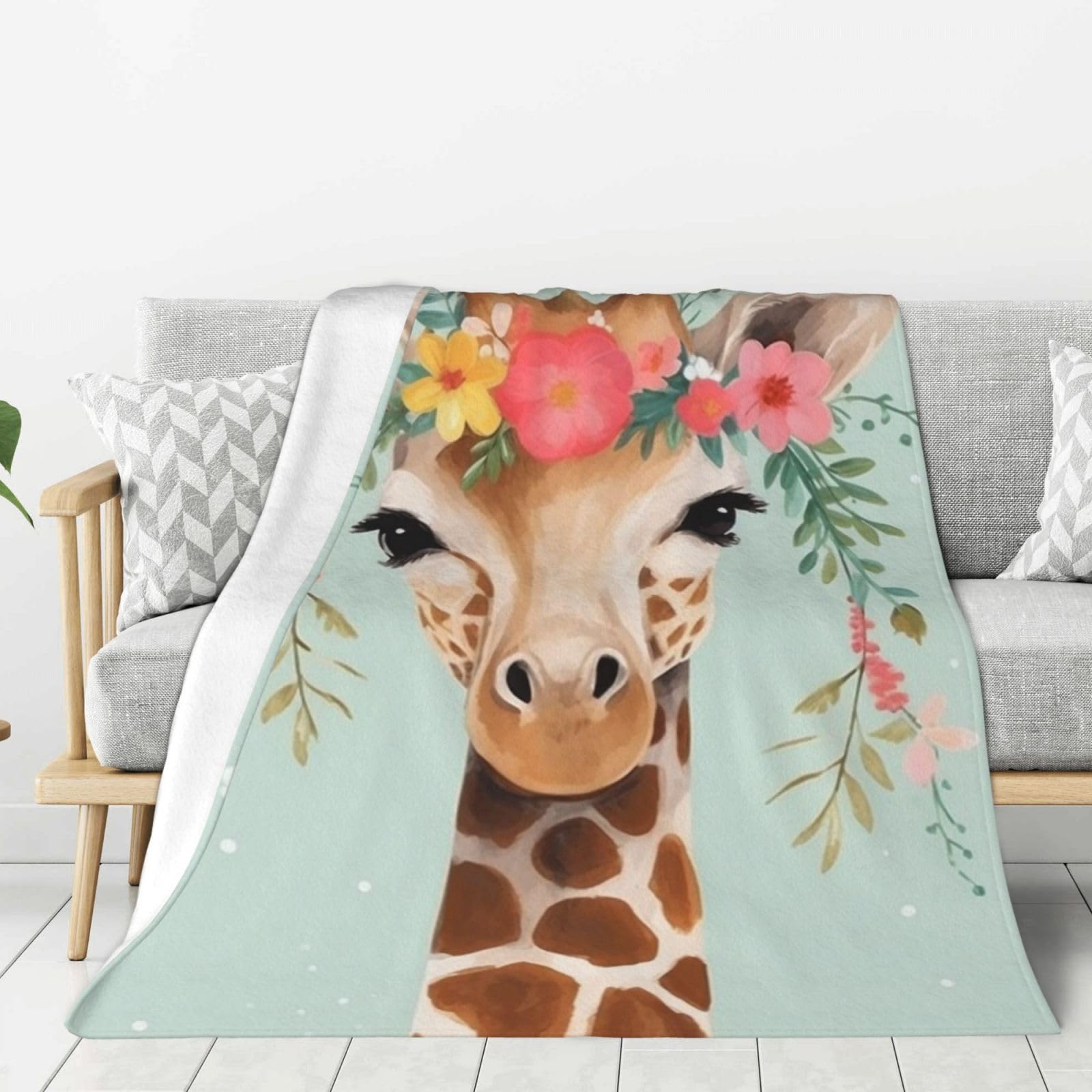 Giraffe with Floral Throw Blanket Plush Flannel Fleece Blanket, Soft Lightweight Cozy Blankets 40"X30" for Bed Couch Sofa Travel