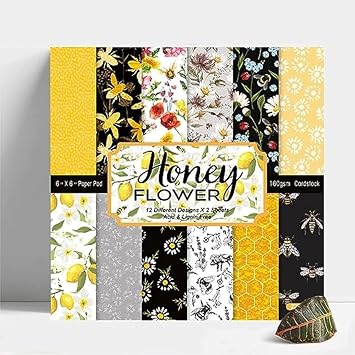 Honey Bee Flower Scrapbook Pad 24 Sheets 6x6 Single-Side Craft Sheets for Card Making, Journals, DIY Projects, Vintage Yellow Black Floral Designs
