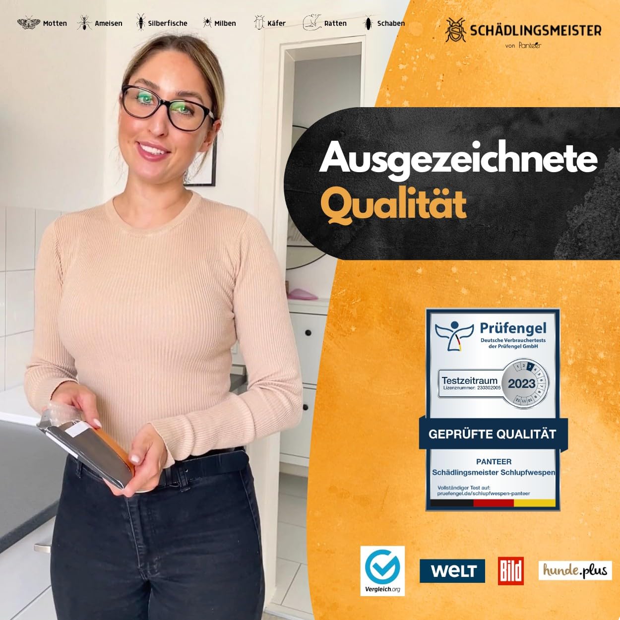 Panteer® Schlupfwespen gegen Lebensmittelmotten + GRATIS Mottenfalle - 12 Karten (4 Karten à 3 Lieferungen) - Schlupfwespen - Lebensmittelmotten Falle - Schlupfwespen gegen Motten - Made in Germany