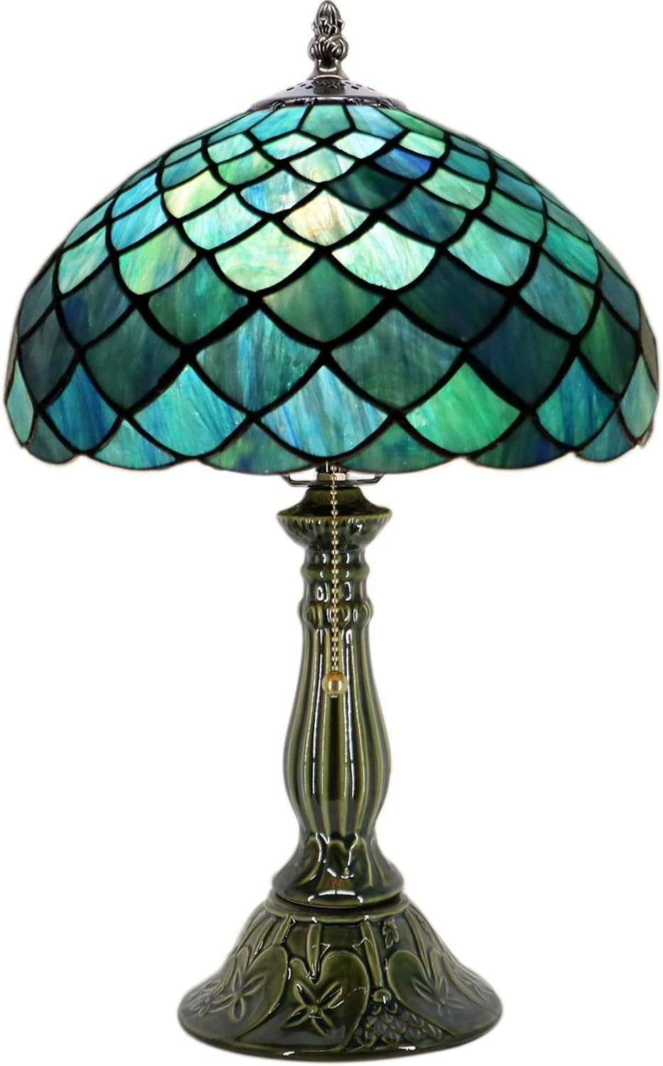 Tiffany Lamp Stained Glass Table Lamps Sea Blue Fish Scales Style Desk Lamp12X12X18.5 Inch Bronze Ceramic Base Reading Light Suitable for Bedside Bedroom Living Room Dining Room Office
