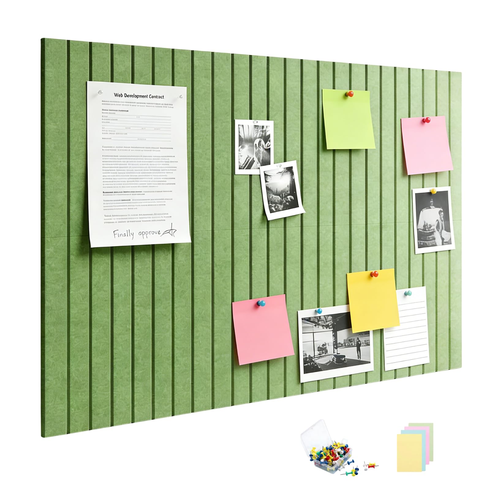 Cork Board 36 x 24 inch Decorative Felt Notice Board Tiles with 60 Pins 30 Self-Adhesive Tabs 100 Memo Sheets Modular Wall Bulletin Board for Home Office Kitchen, Green