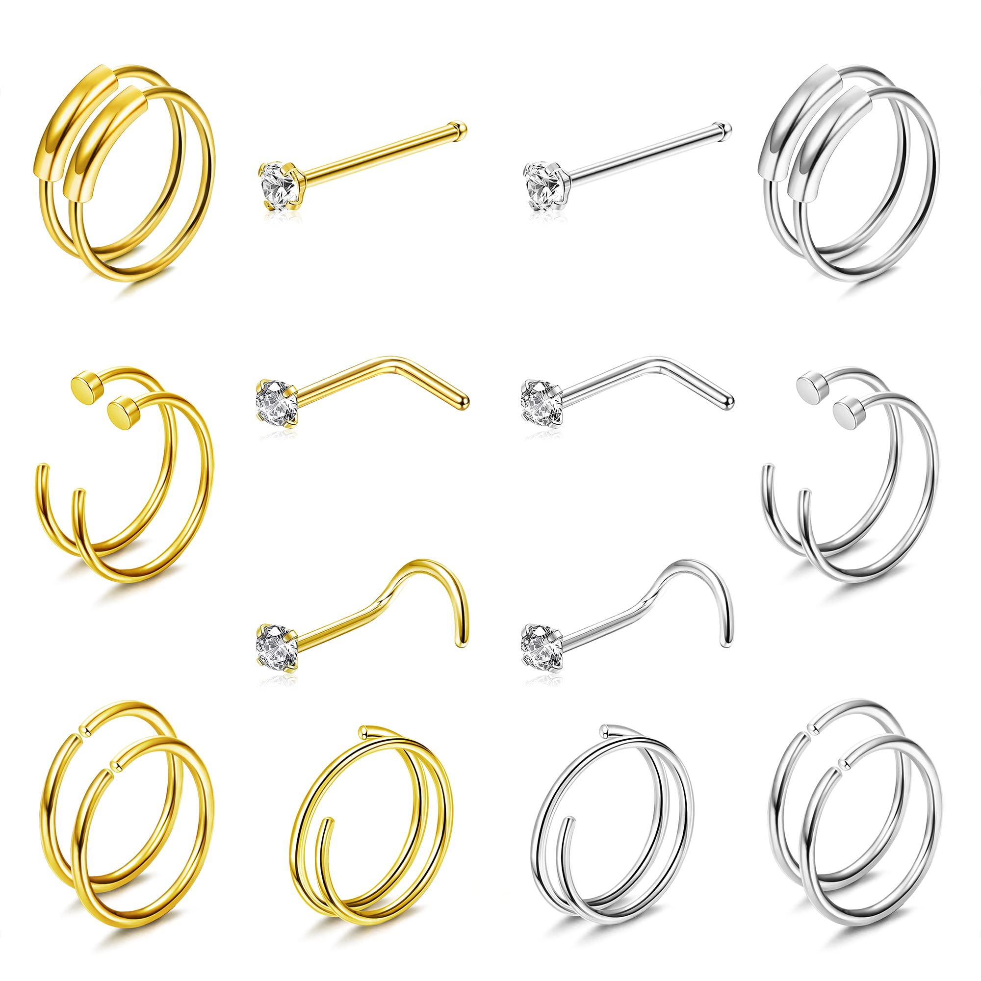 JeryWe 20Pcs 22G 20G Anillos de Acero Quirúrgico para Nariz Aros de Nariz Pendientes CZ Tragus Cartilage Oro Plata L/Screw/C Forma de Doble aro de la Nariz del Anillo Cuerpo Piercing Joyería