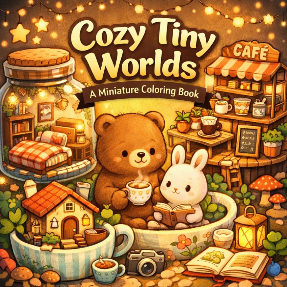Cozy Tiny Worlds Coloring Book: Cute Miniature Scenes of Cozy Homes, Tiny Cafés, Adorable Animals & Relaxing Stress Relief Designs for Kids, Teens & Adults