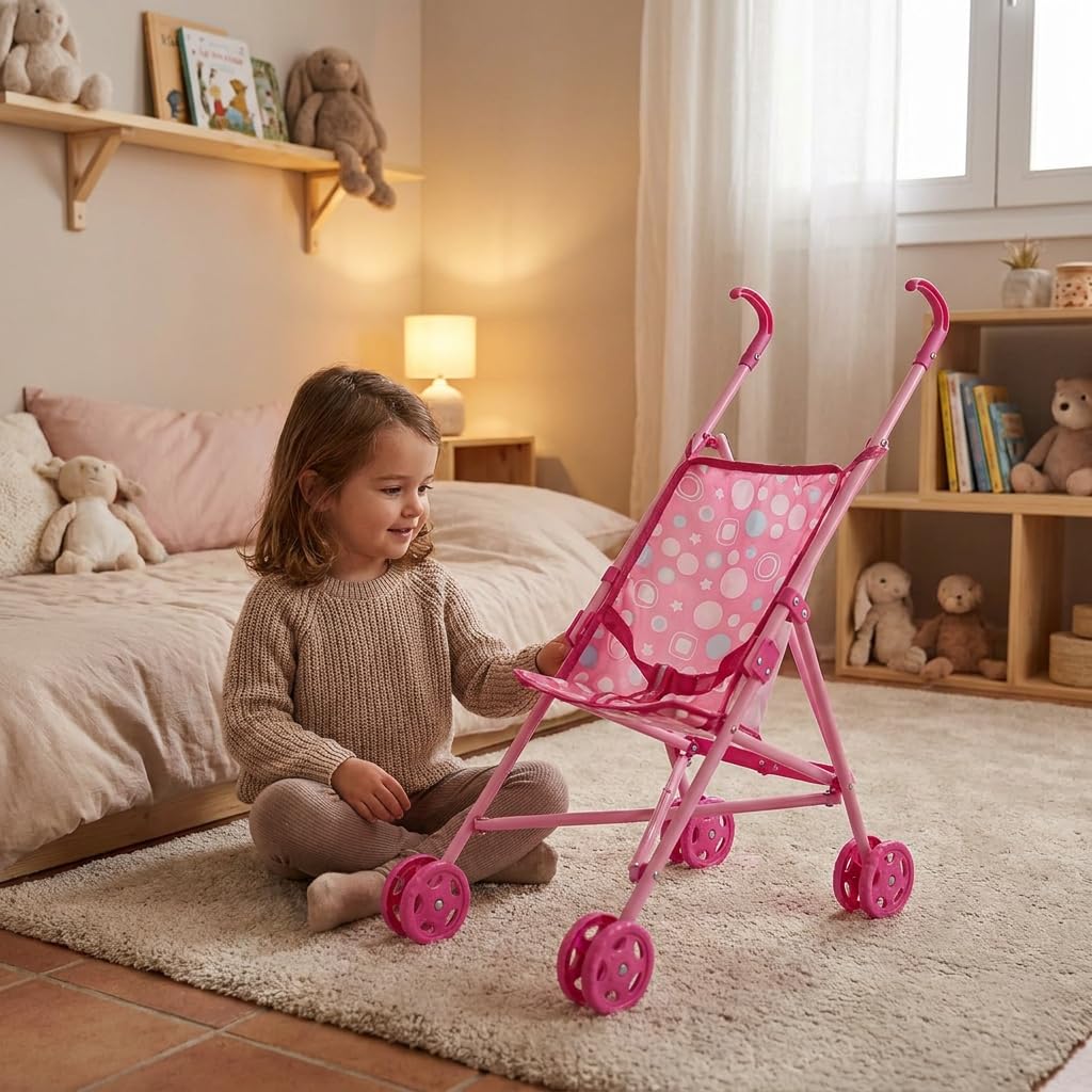 Passeggino per Bambole Pieghevole a Ombrello, Carrozzina per Bambole con Cintura di Sicurezza Integrata, Ruote Doppie, Leggero e Facile da Riporre, Giocattolo per Bambine