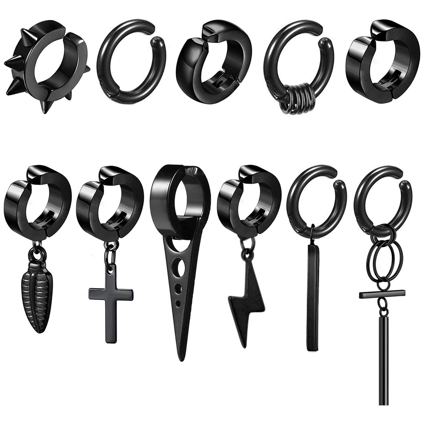 EIELOClip on Hoop Earrings for Men Stainless Steel Fake Piercing Dangle Earring with Cross Feather Mens Clip on Huggie Hoop Earrings