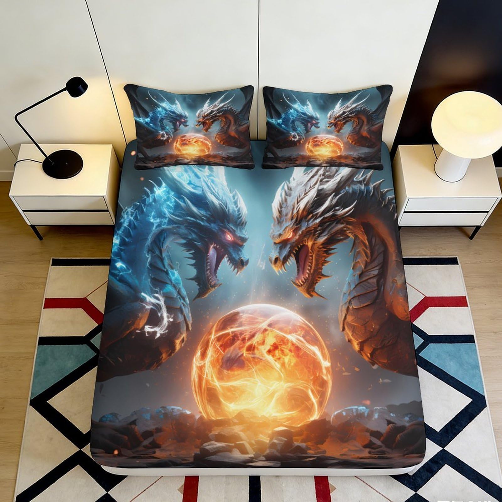 3D Printed Fantasy Dragon Pattern Fitted Sheet Microfiber Deep Pocket Bedroom Bedding Non-Slip Full Wrap Dragon Mattress Fitted Cover 200x200x25cm