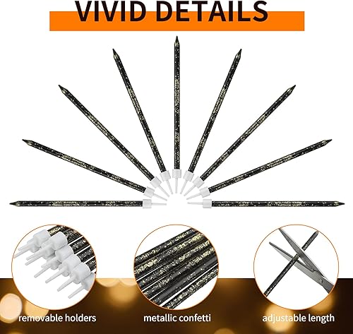 Miniatura 3 de Nuanchu 24 velas de pastel de cumpleaños de oro negro largas y delgadas velas metálicas para decoración de cumpleaños, boda, aniversario