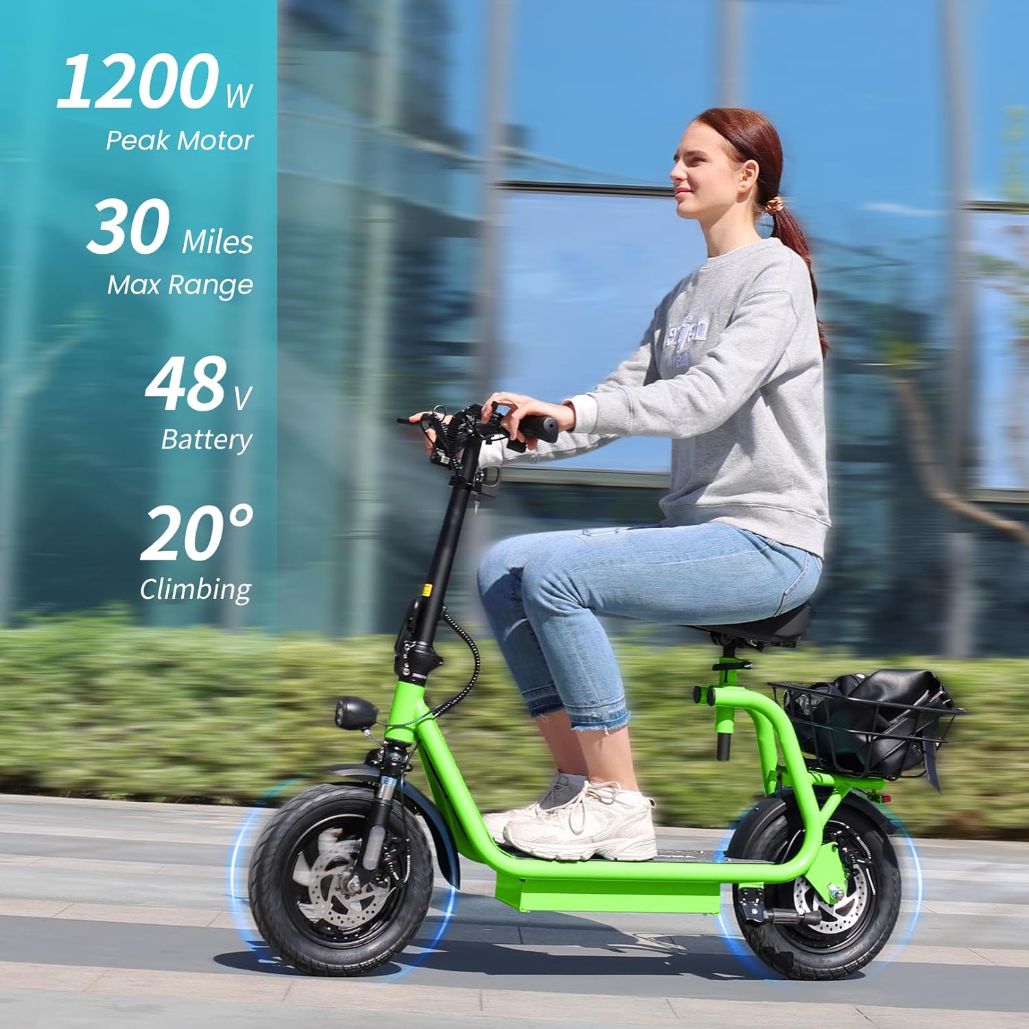 Woman riding Caroma Peak Q3 Electric Scooter, highlighting 1200W motor, 30 miles range, 48V battery, and 20 degree climbing capability.