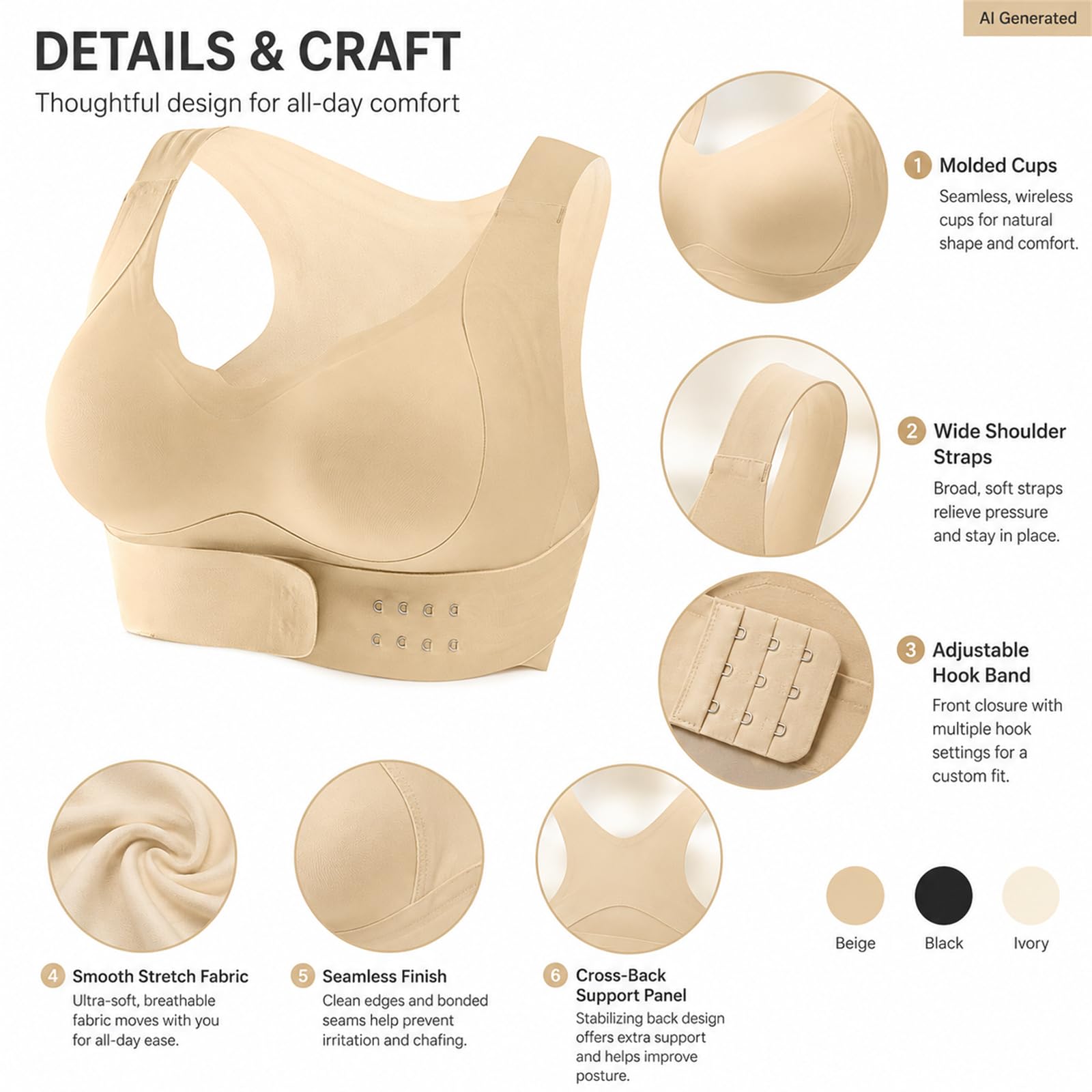 Reggiseno senza ferretto da donna con chiusura frontale incrociata | Spallacci larghi, coppe sagomate, fascia con gancio regolabile, nero avorio e beige, uso quotidiano, yoga, passeggiate