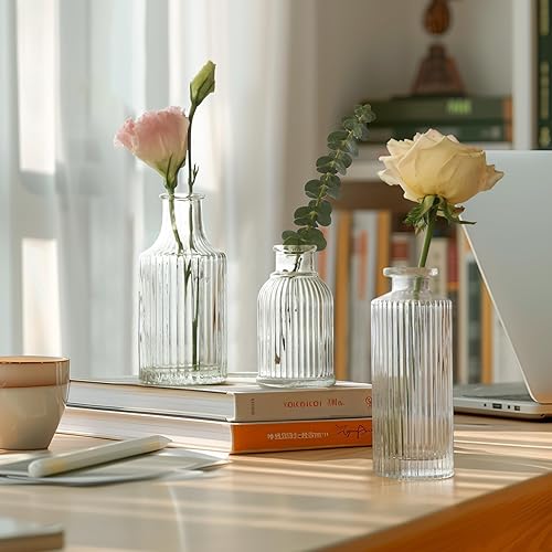Miniatura 5 de ComSaf Juego de 3 jarrones de cristal, pequeños jarrones a granel, mini jarrones acanalados para centros de mesa, jarrón vintage transparente para