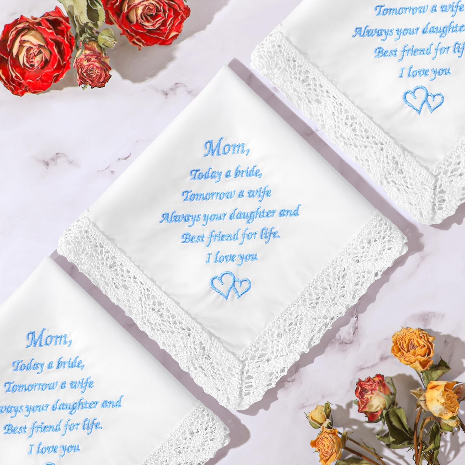Wedding Handkerchiefs Something Blue for Bride, Mother Of The Bride Gifts Embroidered Lace Keepsake Bridal Hankies