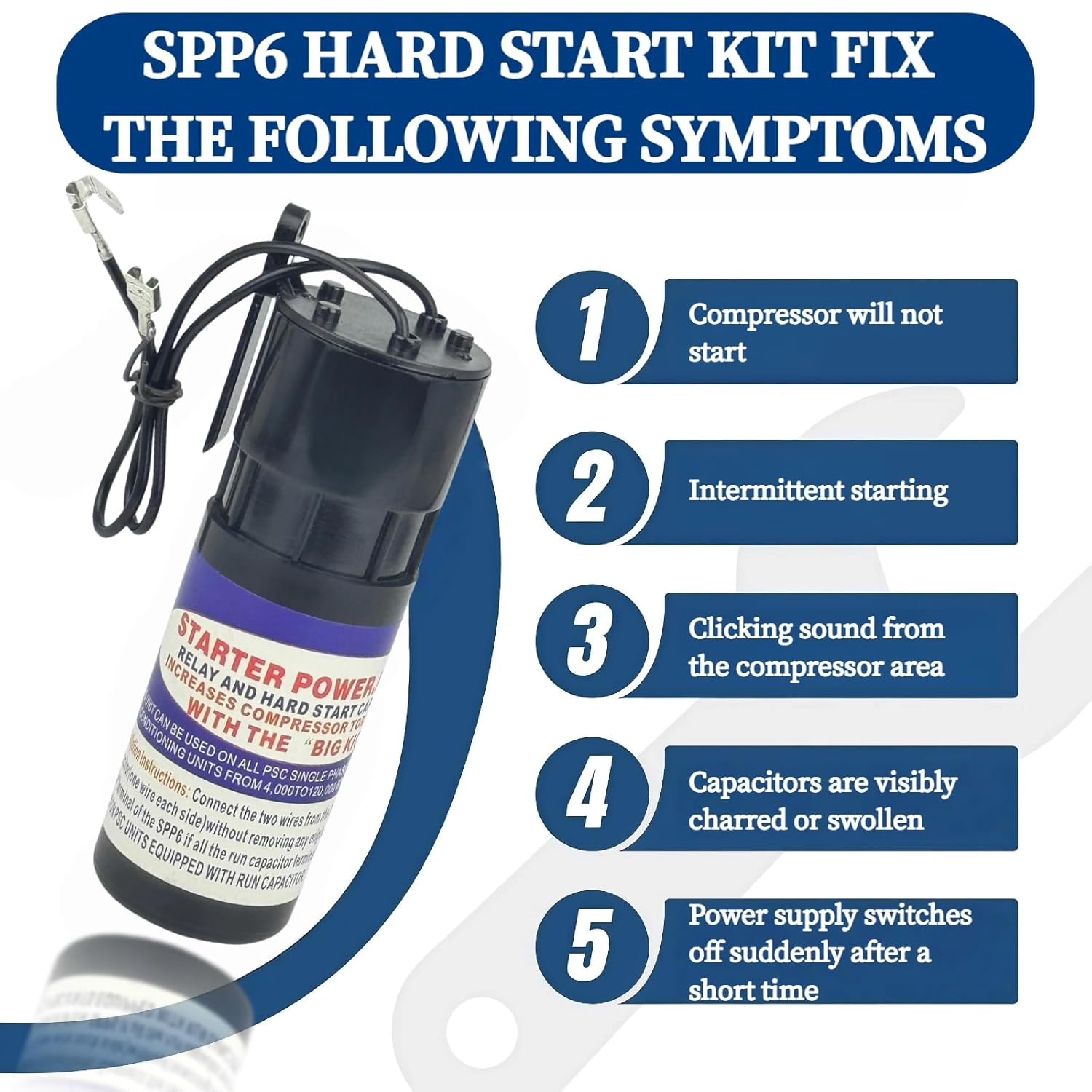 3 Pack SPP6 Hard Start Kit for Air Conditioners Universal 115V-288VAC Replacement 4,000 to 120,000 µF - Boosts Compressor Torque by 500% - Compatible with 0.5HP to 10HP Units