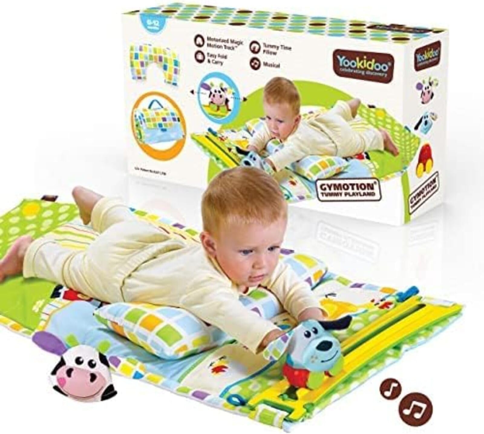 Baby Tummy Time Mat Newborn Musical Playmat & Outdoor Gym. Pillow, Teething Toys and Portable Fold-Up Case. 0-12 months.
