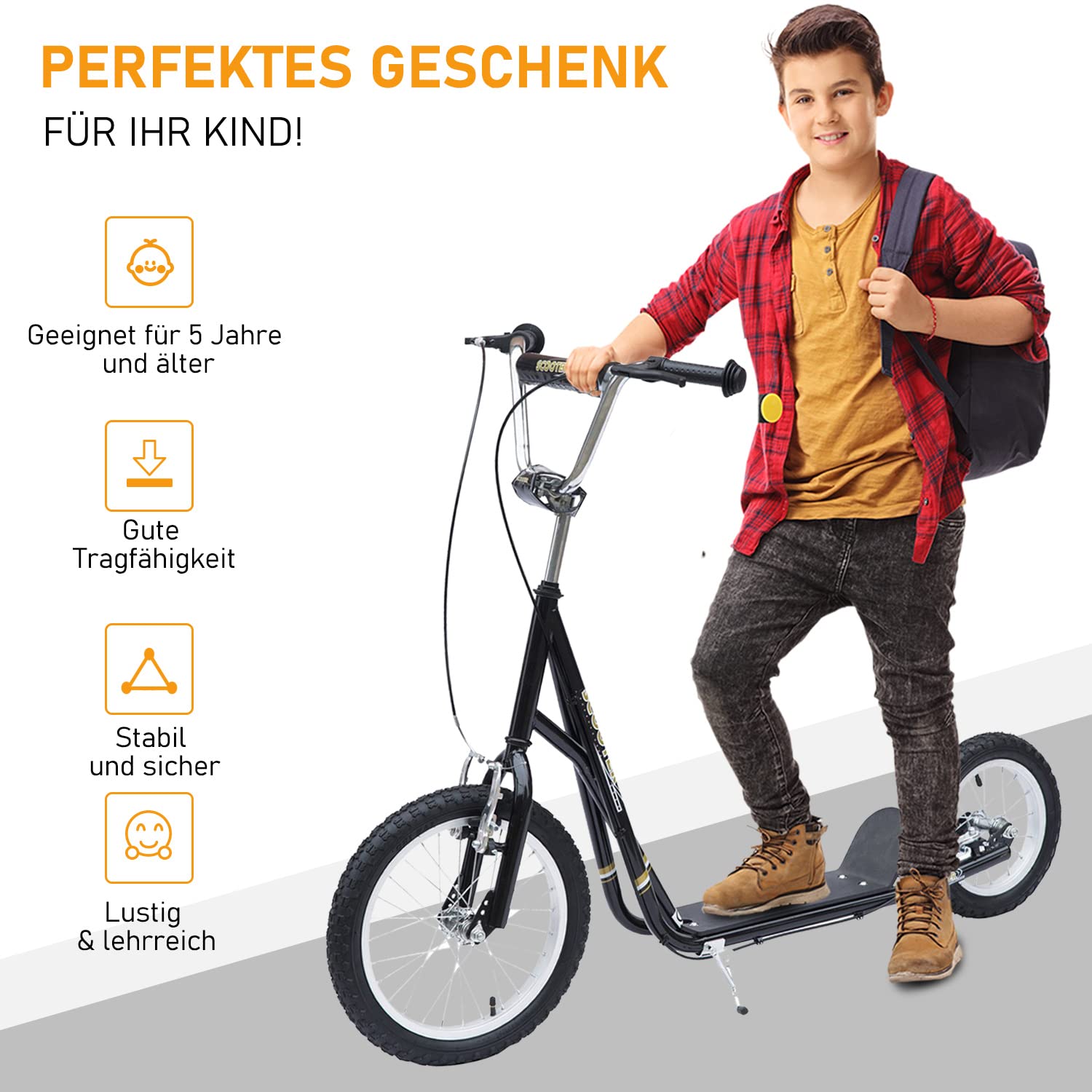 HOMCOM Roller Kinderroller mit Luftreifen Handbremse, 16 Zoll Tretroller Höhenverstellbar Kickscooter für Jungen und Mädchen ab 5 Jahre Kickboard Cityroller Kinder Scooter Schwarz