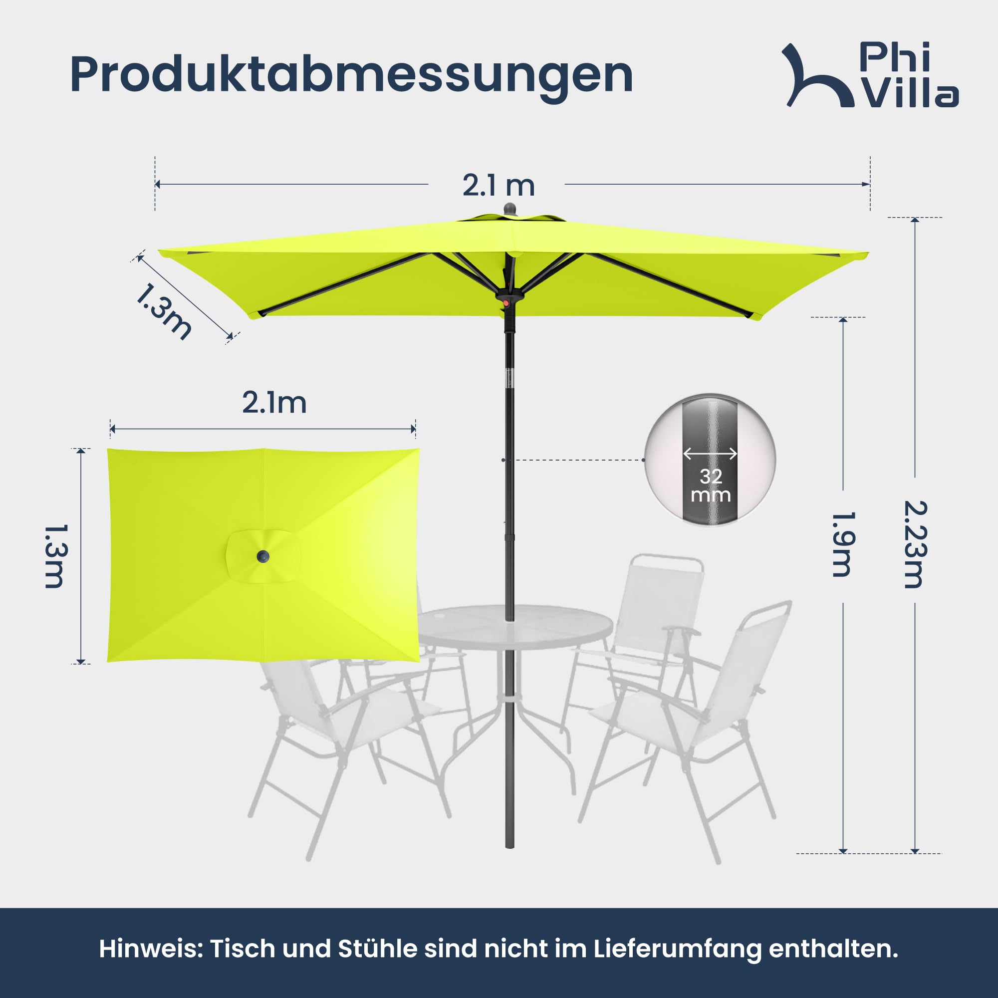 PHI VILLA Ombrellone rettangolare da giardino, 210 x 140 x 220 cm, con morsetto, inclinabile, antivento, stabile da trasportare, protezione UV50+, per balcone, terrazza, ringhiera, tavolo