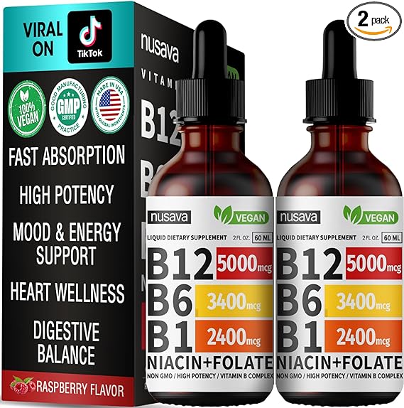 (2 Pack) Vitamin B12 Liquid Drops, Vitamin B Complex, Vegan B12 Sublingual 5000 mcg with Vitamin B6, Liquid B12 Methylcobalamin Supports Energy, Brain & Heart with 27, 200 mcg Per Serving, 80 Servings