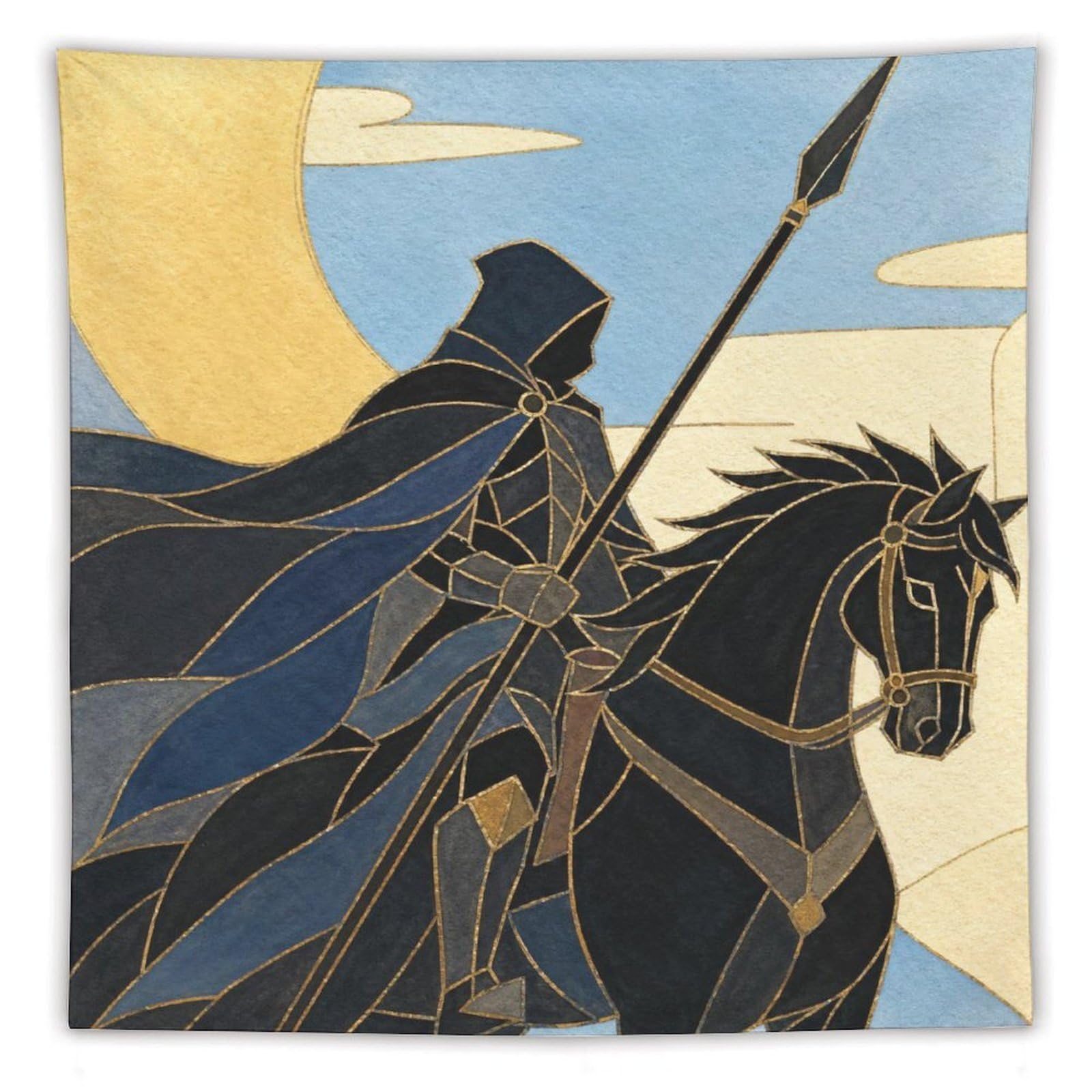 W7C8U2X3 Moon Horseman Wall Tapestry, Geometric Art Style, Moonlit Sky