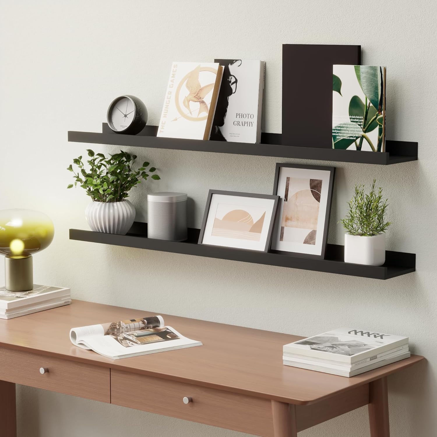 RICHER HOUSE Mensole sospese da parete con bordo, 90 cm, in legno, set da 2 pezzi, colore: nero