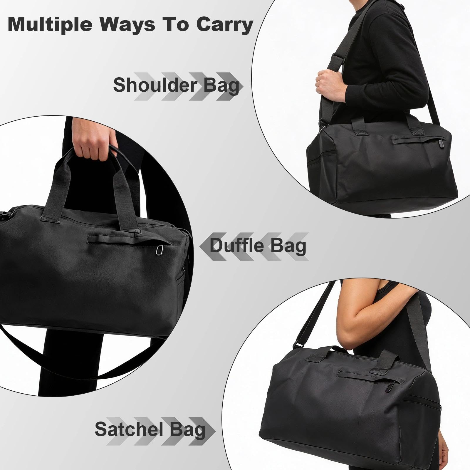 Bolsa de deporte unisex con compartimento húmedo y seco, compartimento para zapatos y múltiples bolsillos, incluye mosquetón blanco, para gimnasio, viajes, natación, color negro