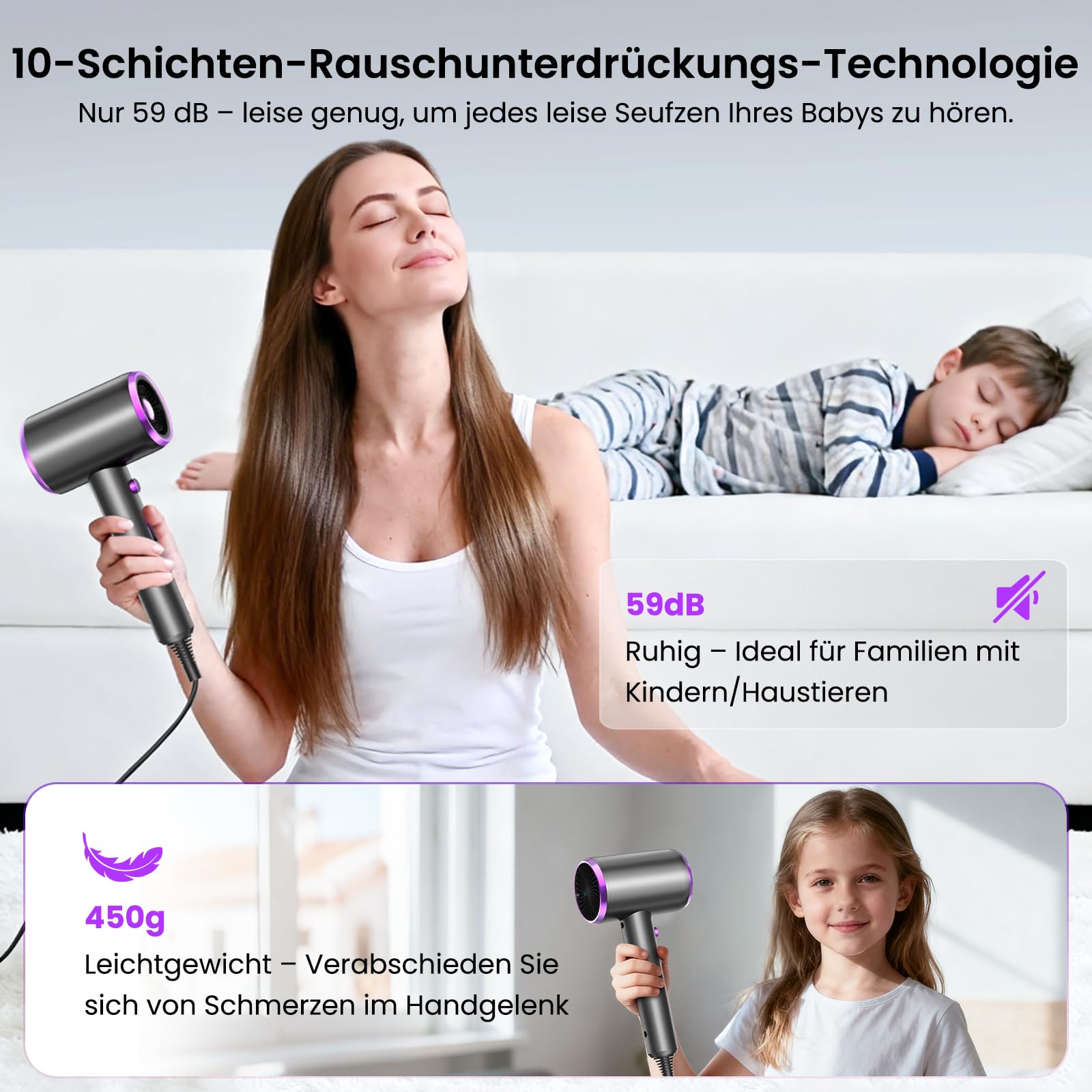 Haartrockner Negativen Ionen 2200W 60000 U/min, mit bürstenlosem Motor, 3 Kalt-/Heißluft-Stufen, schnelle Aufheizung, konstante Temperatur, leise, inklusive Wärmeverteiler und Düse