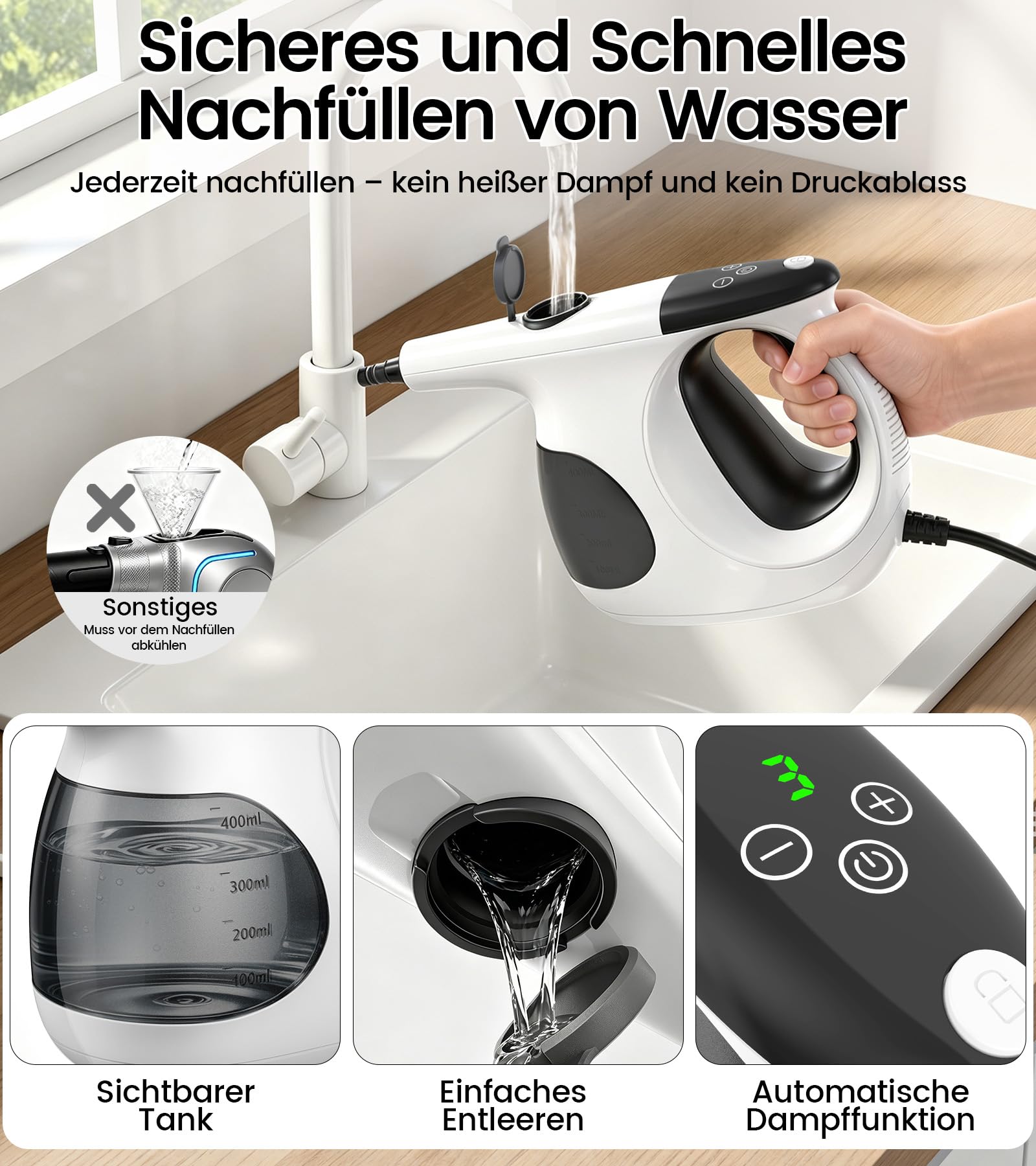 JBER Dampfreiniger Handgerät 1200W für Heim, 3 Sek.Aufheizzeit, 400ML Tank | Vielseitiger Dampfreiniger mit 3 Dampfstufen, 11 Zubehör,110℃ Handdampfreiniger mit 4,8m Netzkabel für Küche, Bad, Fenster