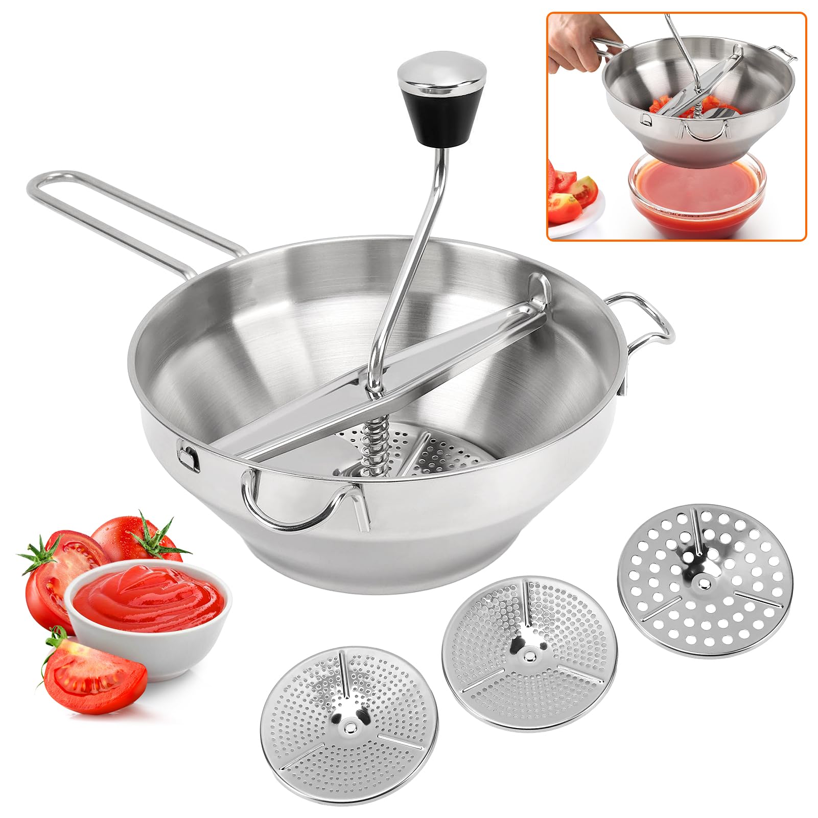 Molinillo de alimentos de acero inoxidable, prensa de patatas con 3 placas de trituración intercambiables, trituradora manual de alimentos, molinillo de cocina para macerar, tamizar frutas
