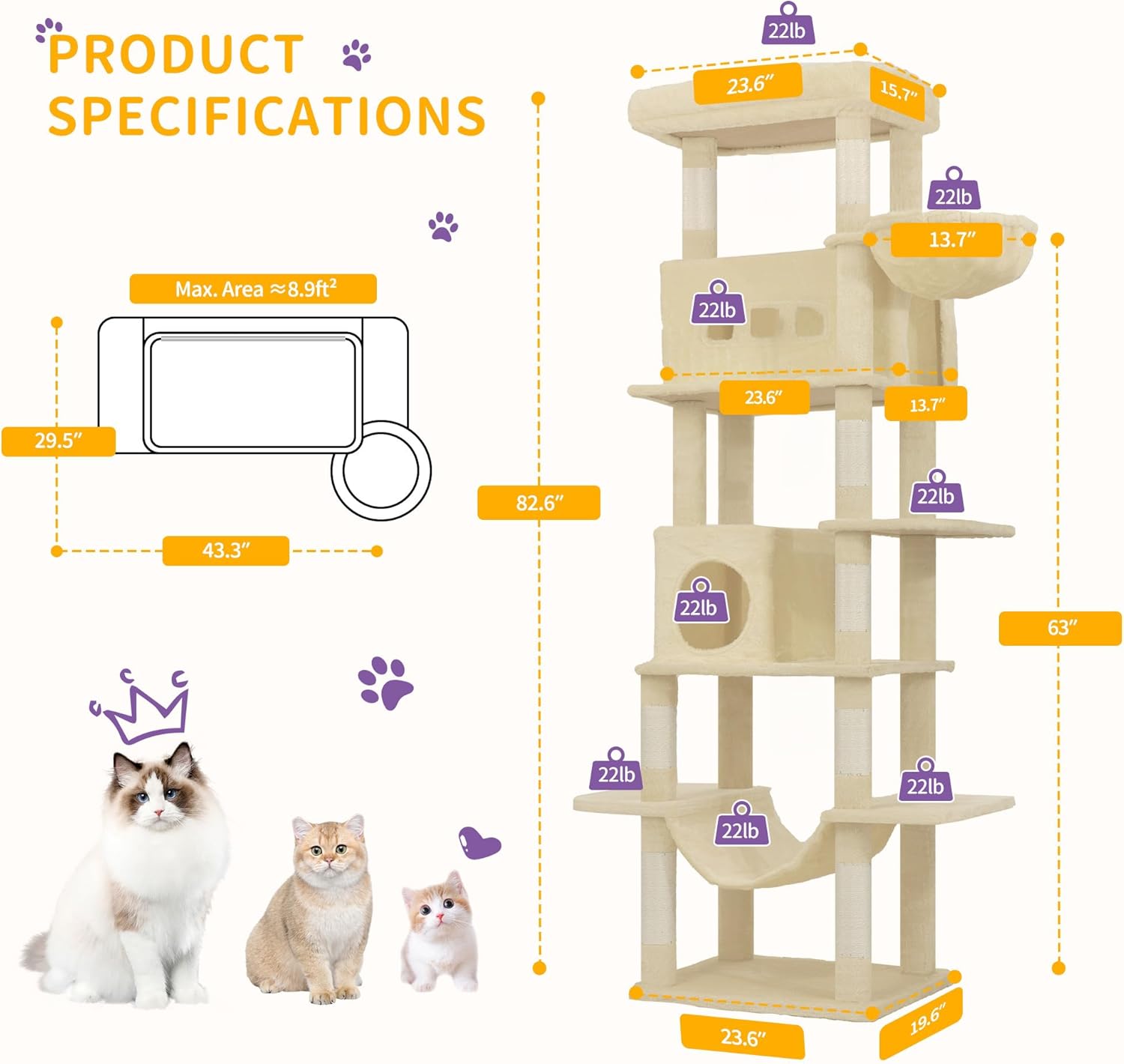 Hzuaneri Cat Tree, 82.6" Large Cat Tower for Indoor Cats, Multi-Level Cat House with Condo, 8 Scratching Posts, Hammock, 4 Pom Poms, Beige MS21018YL