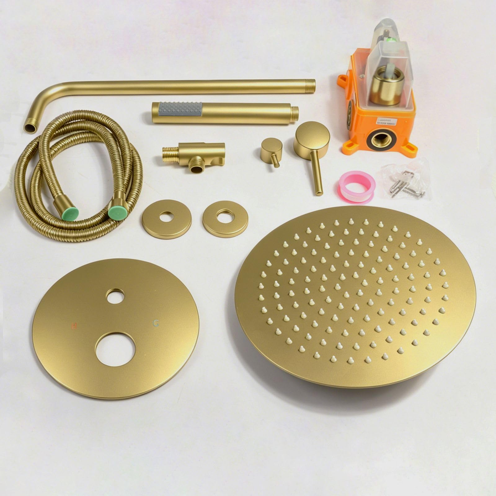 SaniteModar Unterputz Duscharmatur Set, Gebürstetes Gold | Rund. 25cm Regendusche, 1,5m Schlauch; leichtreinig. Silikon-Düsen; verstecktes Design; keine Wandbeschädigung bei Rep