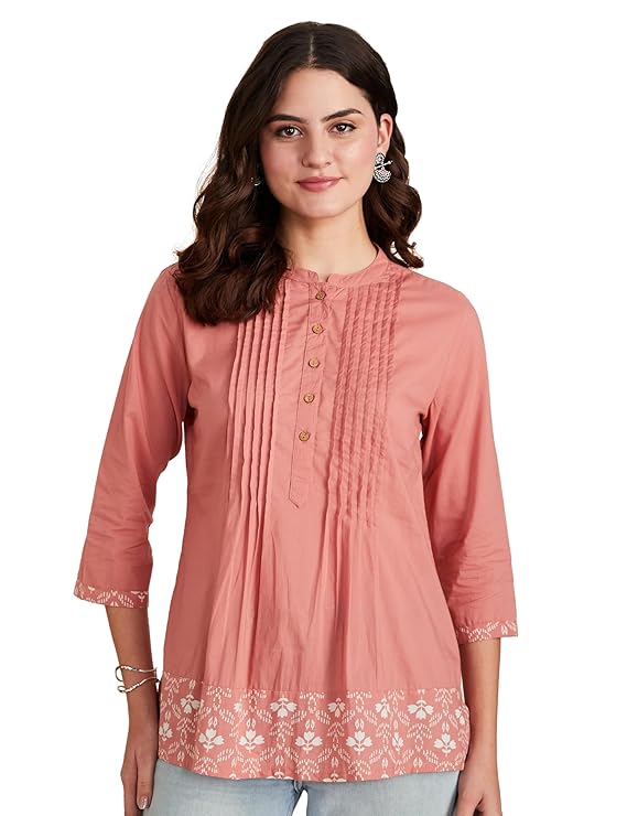 Amazon Brand – Myx Women’s Cotton Printed A-line Short Kurti – BAGAAN (ROASTED SESAME)