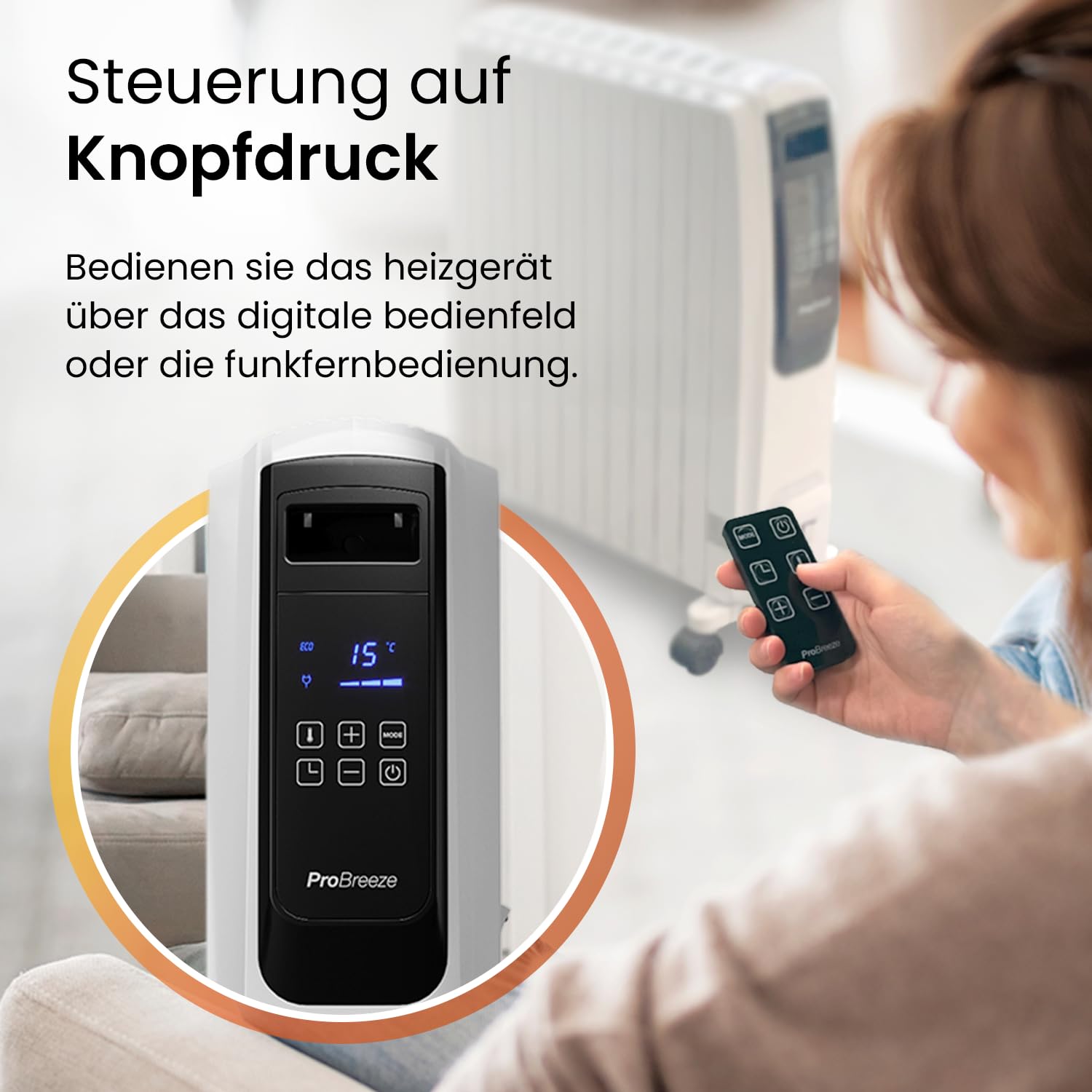 Pro Breeze Premium 2500W Ölradiator energiesparend mit digitalem Display & Fernbedienung - Heizkörper elektrisch mit 10 Rippen, 4 Heizstufen, 24h Timer, Thermostat & Überhitzungsschutz