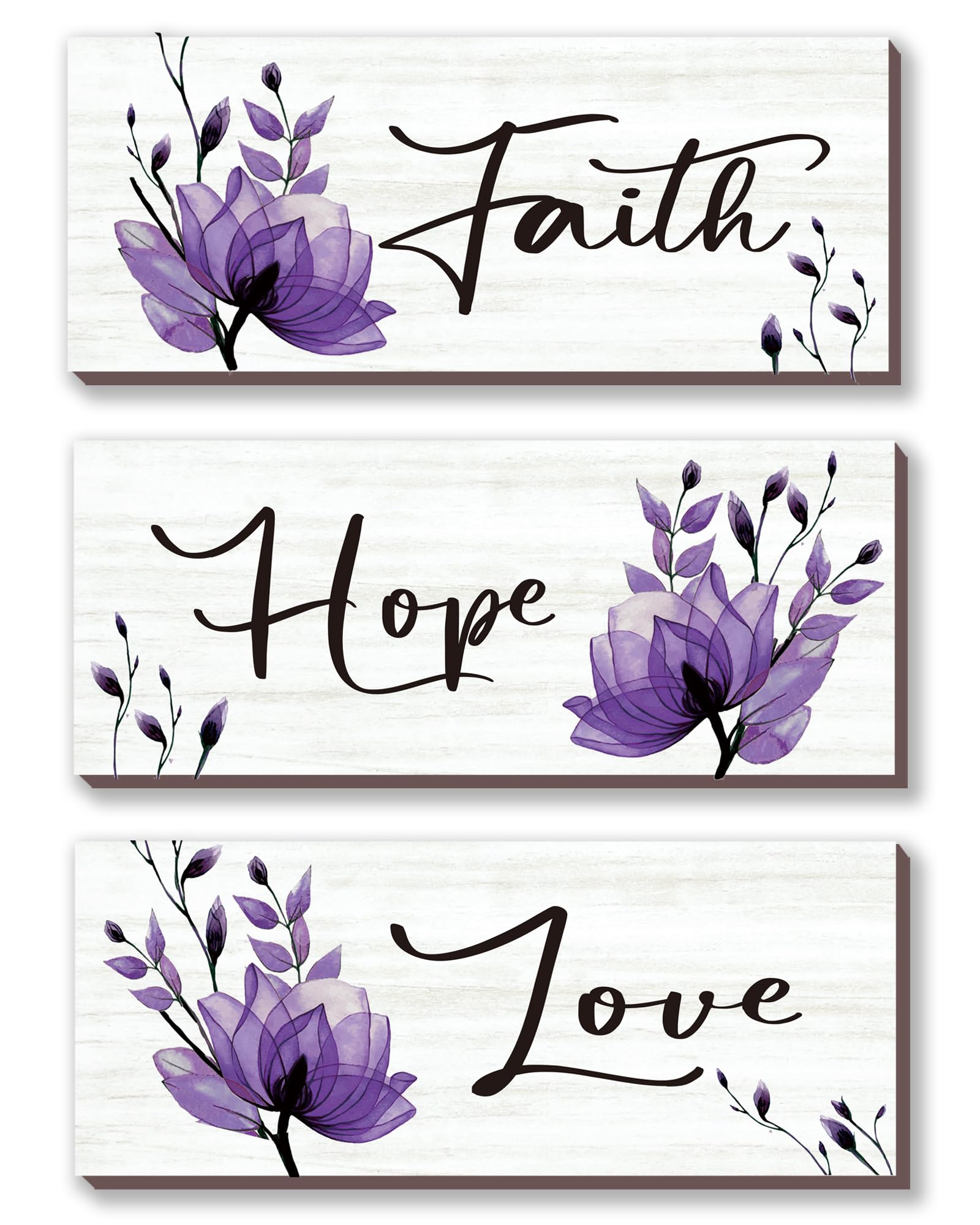 DONFENTHY 3 PCS Purple Wall Decor Purple Flower Inspirational Bathroom Decor with Hope Love Faith Positive Word Wooden Farmhouse Wall Art For Home Bedrooms Living Rooms Office Kitchen(Purple 10x4)