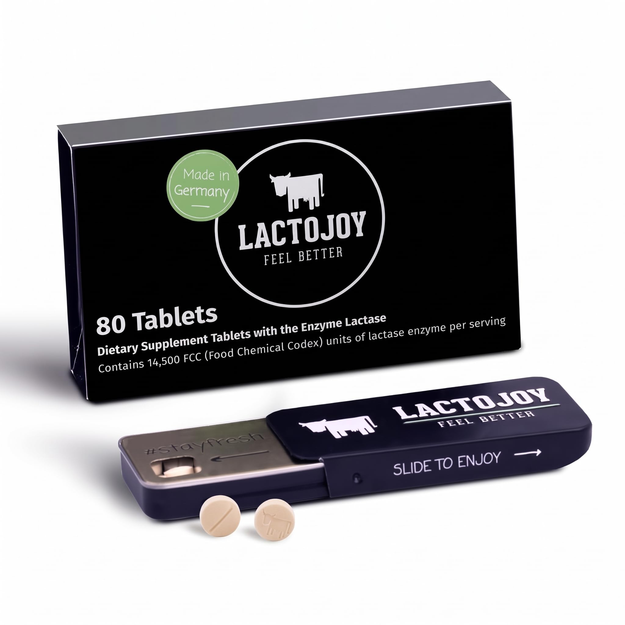 LactoJoyのLactaseの丸薬14,500のI 80部分私はLactoseの許容のための強力なLactaseの酵素Iの超純粋なLactaseの改良された消化器Iのケイ素の二酸化物無し、人工的な味無し、Sucralose無し