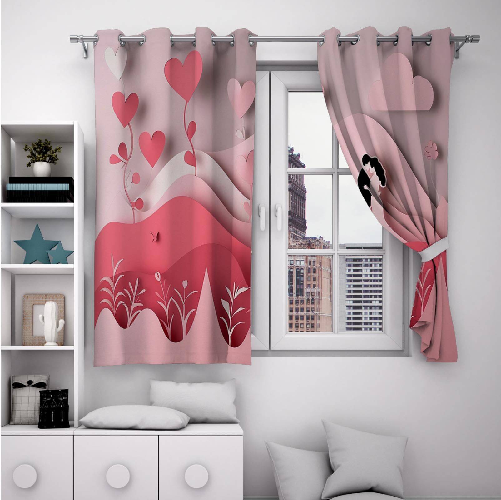 HOBBOY Wedding Theme Curtain Pink & Red Love Decor Blackout Curtains for Bedroom Living Room Romantic Couple Lovers Pattern Window Drapes 2 Panels 2X W38xL63in