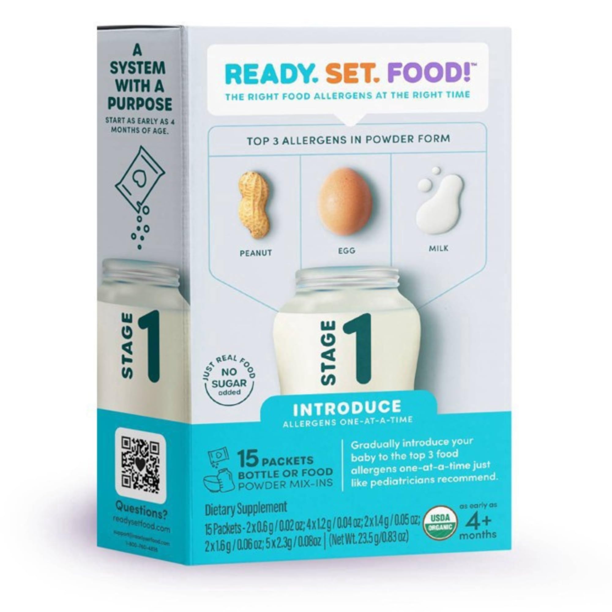 Stage 1 Mix-ins – Safe&Easy Early Allergen Introduction for Babies 4+ Months, Mix with Breastmilk, Formula & Baby Food, With 3 Top Allergens: Organic Peanuts, Milk & Eggs By Ready Set Food! (15 Days)