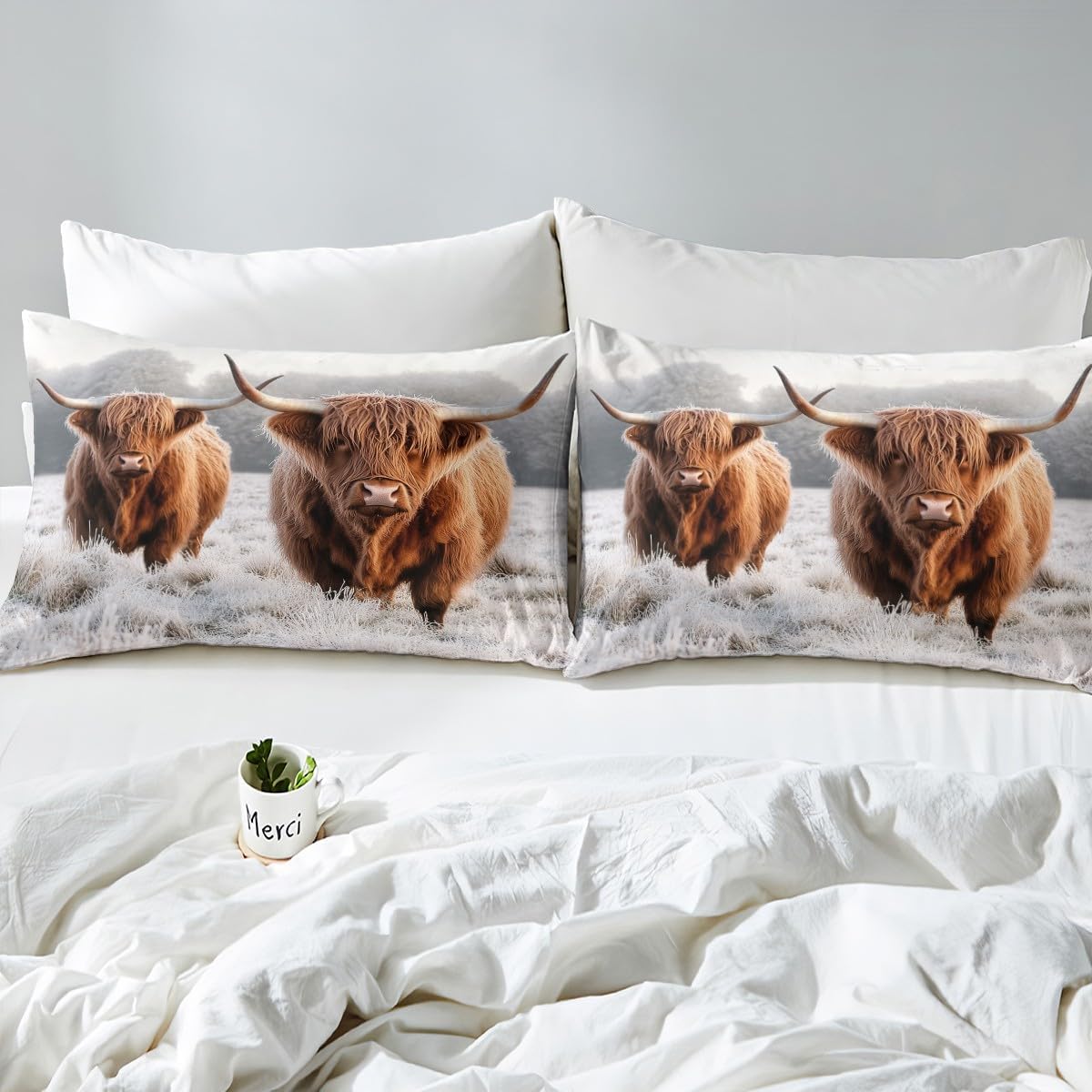 Erosebridal Highland Cow Fitted Sheet Twin, Funny Brown Cow Cattle Bed Cover, Farmhouse Animal Bedding Set, Winter Theme Snow Lightweight Bed Set for Kids Boys Girls Teens Adult