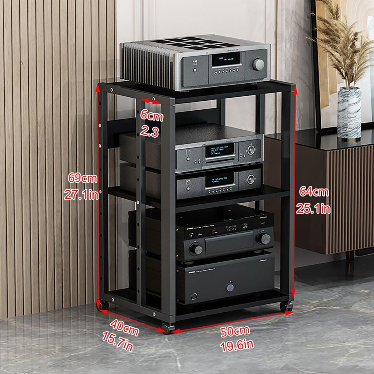 Audio Rack mit 2/3/4 Ebenen, HiFi Regal mit Rollen, Audio Schrank für Zuhause, Verstärker-Rack mit Ablagen, TV Rack HiFi Möbel, beweglicher AV Turm für Stereoanlage & Heimkino