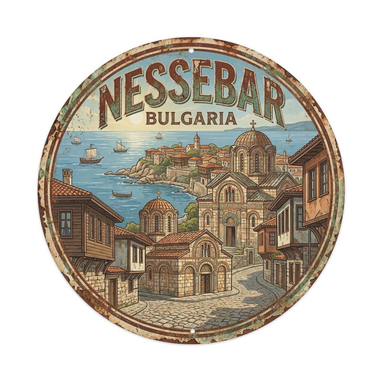 Bulgaria Vintage Travel Nessebar Vintage Metal Tin Sign Plaque Wall Decor for Cafe, Club Bar, Office, Garden Metal Poster 8x8Inch