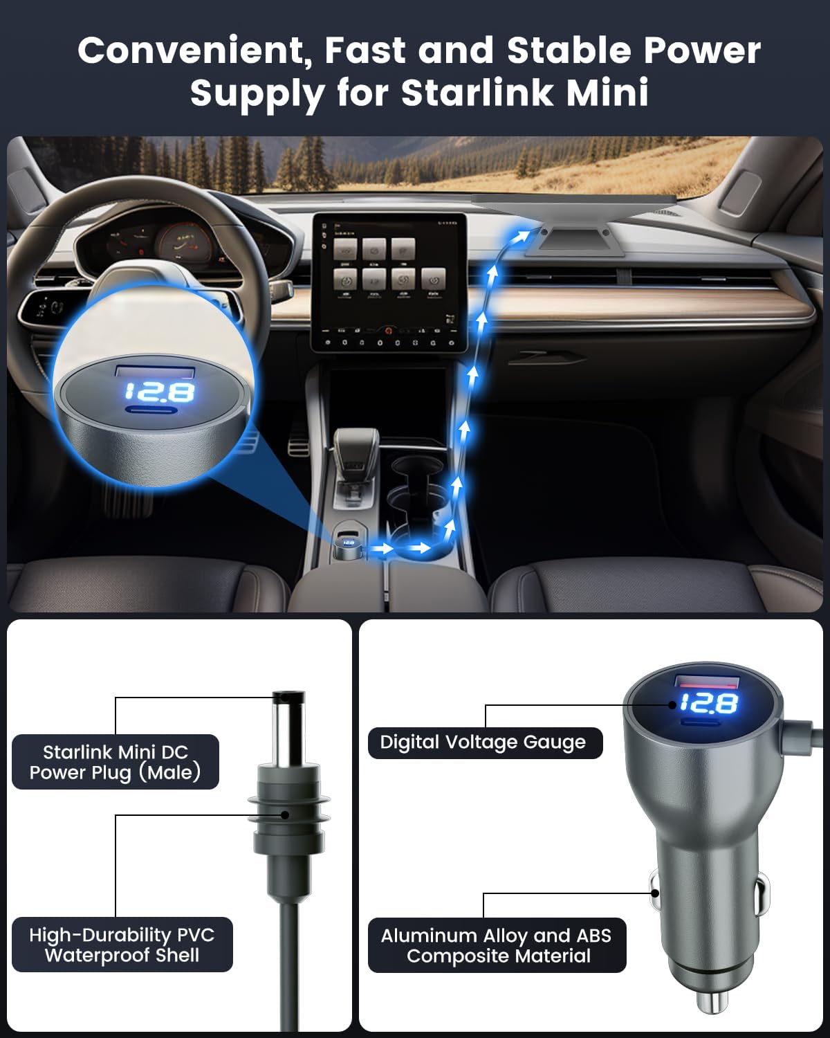 Mwin Car Adapter for Starlink Mini, Starlink Mini Cable 3 in 1 Accessories DC Car Charger, 12V-24V Cigarette Lighter Adapter with Digital Display, High Speed USB C/USB A 30W Ports, Ideal for Truck, RV